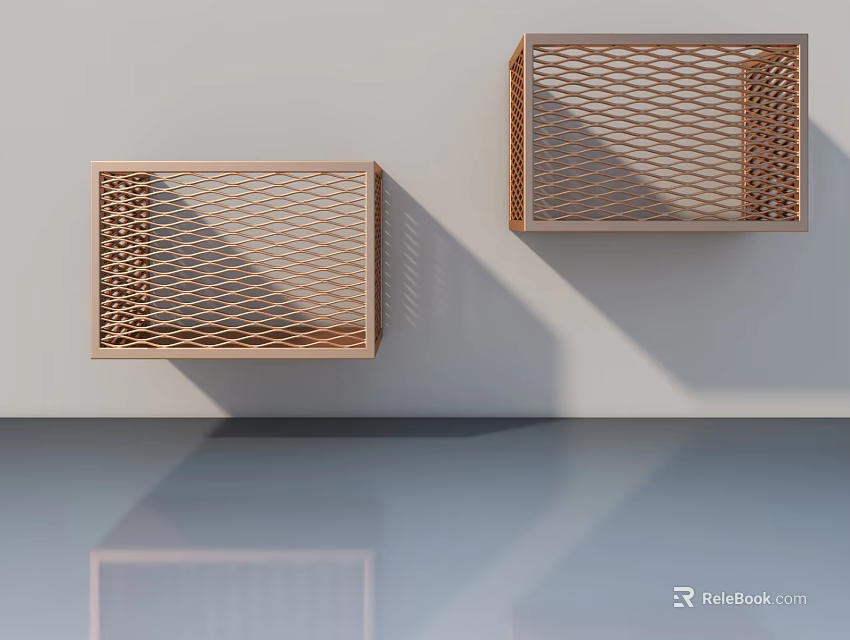 Wooden Hinged Door Storage Boxes With Grid Pattern Wall Mounted Design 3d model