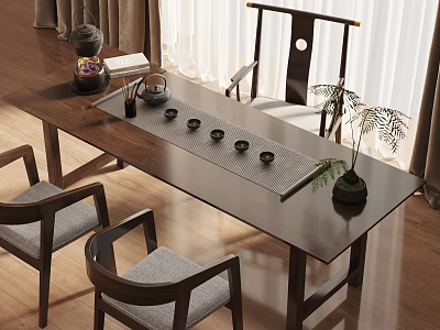 Dark Wood Tea Table and Chairs Featuring Tea Set Tea Tray and Gray Cushions 3d model
