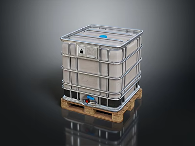 Industrial Plastic IBC Container With Metal Cage Wooden Pallet And Blue Top Cap 3d model