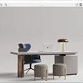 Modern Desk Interior With Ergonomic Chair Laptop And Gray Drawer Cabinet Stools
