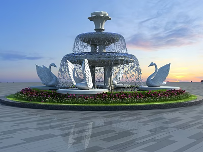 Garden Ornament Feature With Multi Tiered Fountain And Swan Sculptures Surrounding Flower Bed At Sunset 3d model