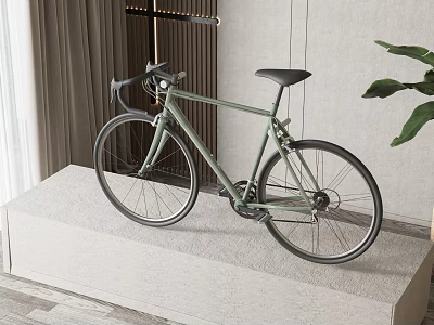 Green Bicycle Placed on Light Colored Platform with Curtain Plant and Decor 3d model