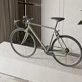 Green Bicycle Placed on Light Colored Platform with Curtain Plant and Decor