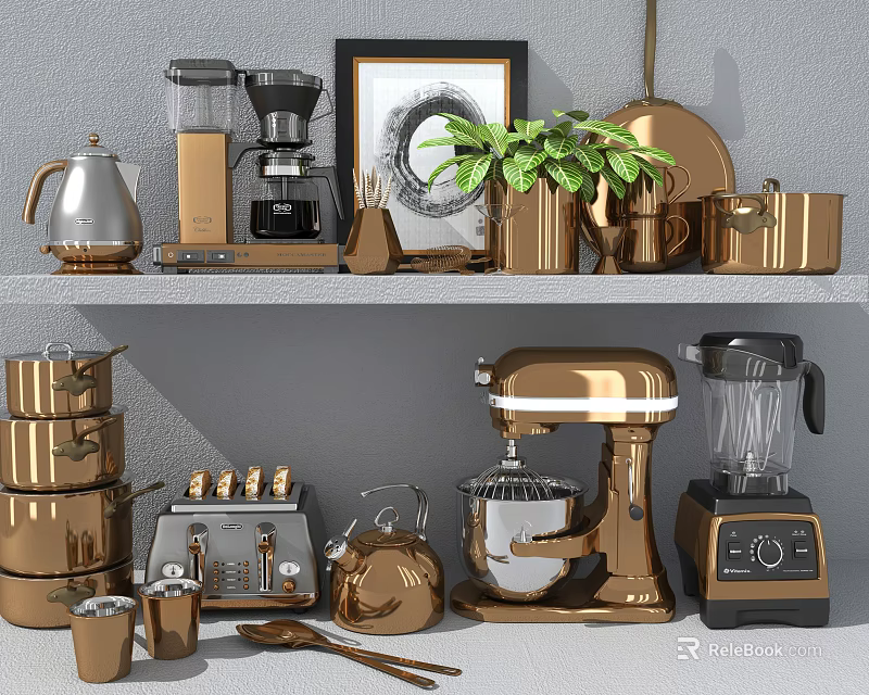 Copper Cookware Set With Coffee Maker Kettle Pots Blender Toaster And Potted Plant On Shelf 3d model 