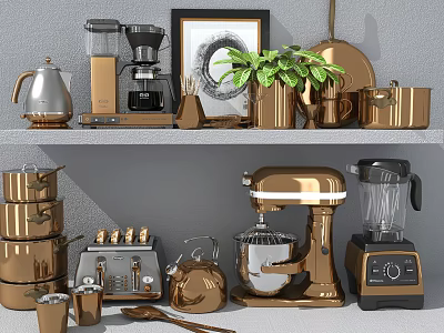 Copper Cookware Set With Coffee Maker Kettle Pots Blender Toaster And Potted Plant On Shelf 3d model