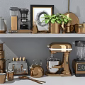 Copper Cookware Set With Coffee Maker Kettle Pots Blender Toaster And Potted Plant On Shelf