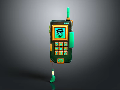 Vintage Handheld Communication Device With Green Orange Design Antenna Screen Buttons And Lanyard 3d model