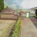 Traditional Korean Courtyard Landscape With Tile Roof Houses Stone Walls And Green Plants