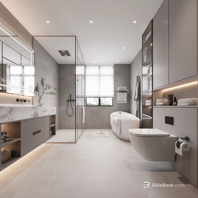 Modern Bathroom Interior With Glass Shower Marble Countertop Freestanding Bathtub And Gray Storage Cabinets 3d model 
