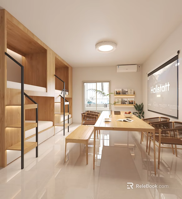 Hotel Guest Room With Wooden Bunk Beds Long Wooden Table Chairs Projector Screen And Green Plant 3d model 