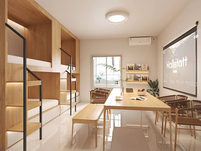 Hotel Guest Room With Wooden Bunk Beds Long Wooden Table Chairs Projector Screen And Green Plant 3d model