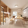 Hotel Guest Room With Wooden Bunk Beds Long Wooden Table Chairs Projector Screen And Green Plant