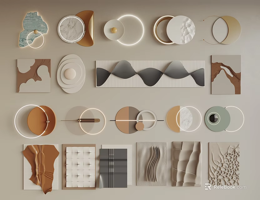 Stylish Modern Wall Decorations Featuring Circular Wavy And Geometric Patterns In Neutral Tones 3d model