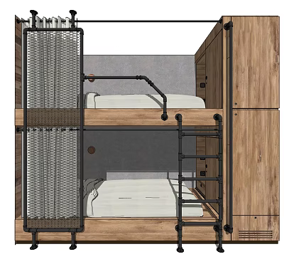 Modern Bunk Bed Design With Wooden Structure Metal Ladder And Side Storage Cabinets 3d model