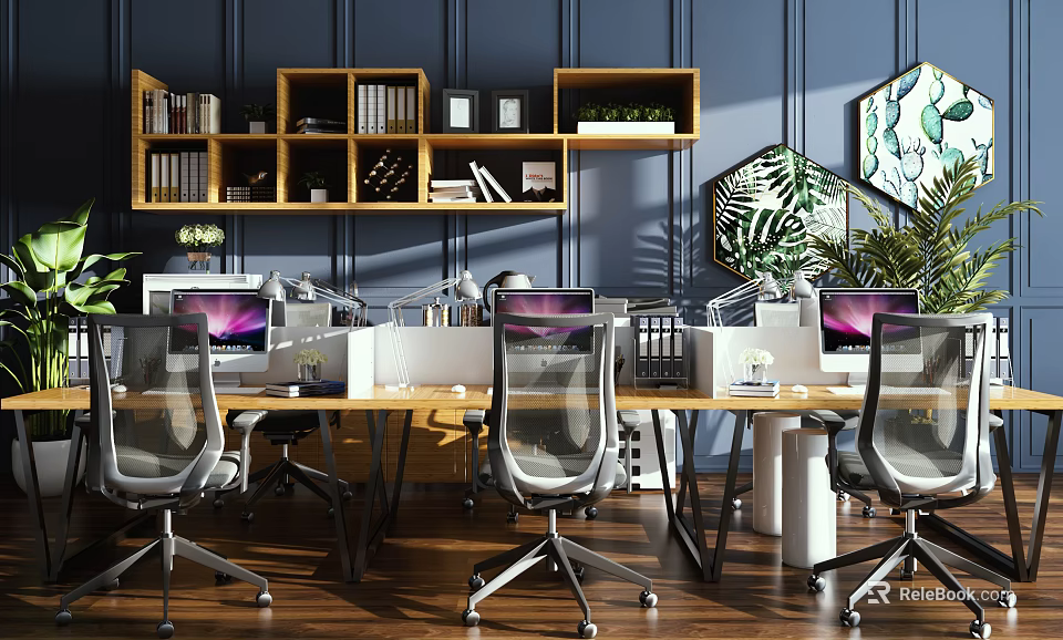 Modern Office Interior With Work Desks Computers Mesh Chairs Bookshelves And Potted Plants 3d model 