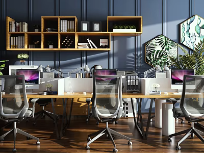 Modern Office Interior With Work Desks Computers Mesh Chairs Bookshelves And Potted Plants 3d model