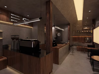 Modern Coffee Shop Interior Design Featuring Wooden Bar Counter Comfortable Tables And Soft Lighting 3d model