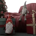 Christmas Themed Decorative Ornament Set With Tree Red Armchair Gnome Doll And Gift Boxes