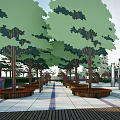 Scenic Park Landscape With Circular Fountain Surrounding Trees Stone Benches And People