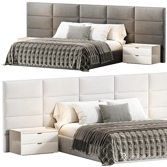 Modern Double Bed With Upholstered Headboard Pillows Blanket And Nightstand 3d model