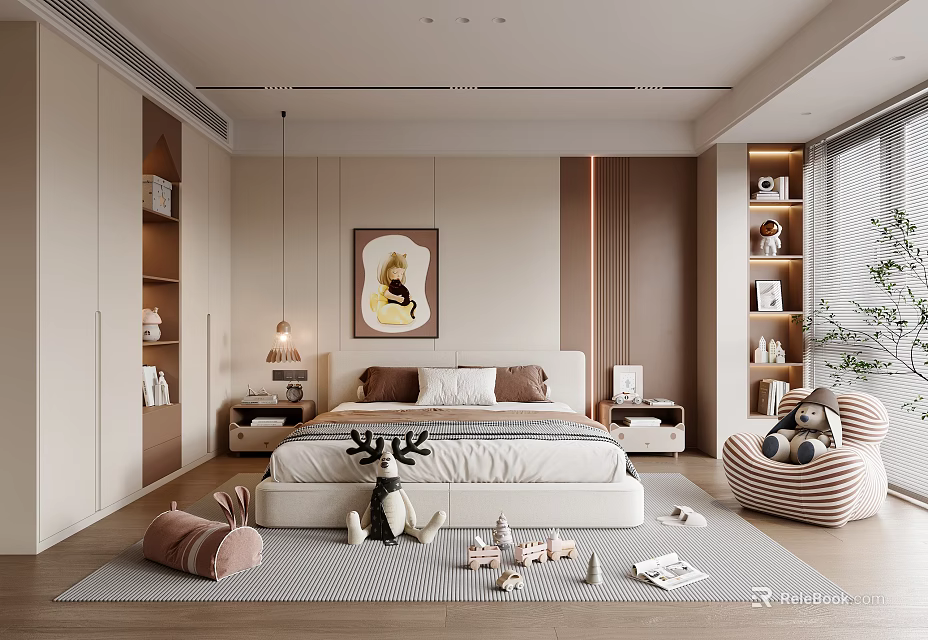 Cozy Kids Room Design Featuring Bed Toys Artwork Bookshelves And Soft Rug 3d model 