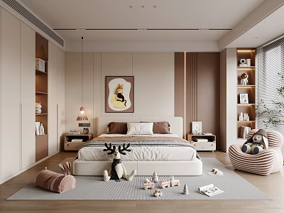 Cozy Kids Room Design Featuring Bed Toys Artwork Bookshelves And Soft Rug 3d model