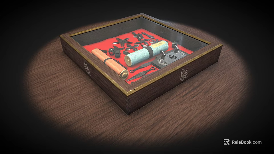 Decorative Ornament Set in Wooden Box with Glass Lid Red Base Scroll and Leaf Decorations 3d model 