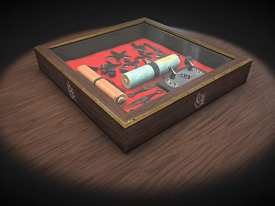 Decorative Ornament Set in Wooden Box with Glass Lid Red Base Scroll and Leaf Decorations 3d model
