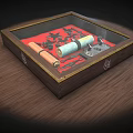 Decorative Ornament Set in Wooden Box with Glass Lid Red Base Scroll and Leaf Decorations