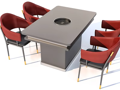 Modern Square Dining Table Set With Circular Center Design And Red Chairs 3d model