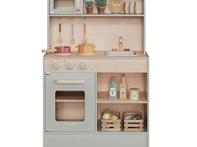 Wooden Kids Toy Kitchen Set With Stove Oven Utensils Fruit And Bottles 3d model
