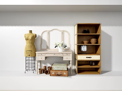 Vintage Dressing Table With Tri Fold Mirror Flower Vase And Wooden Shelf 3d model
