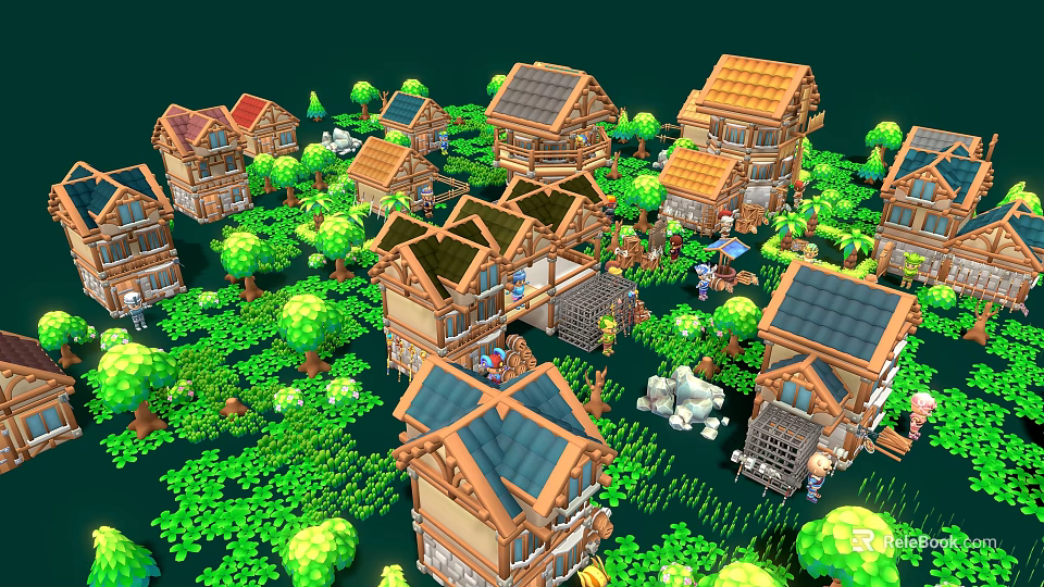 Pixel Style Park Landscape With Wooden Houses Green Trees And Grass 3d model 