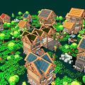 Pixel Style Park Landscape With Wooden Houses Green Trees And Grass
