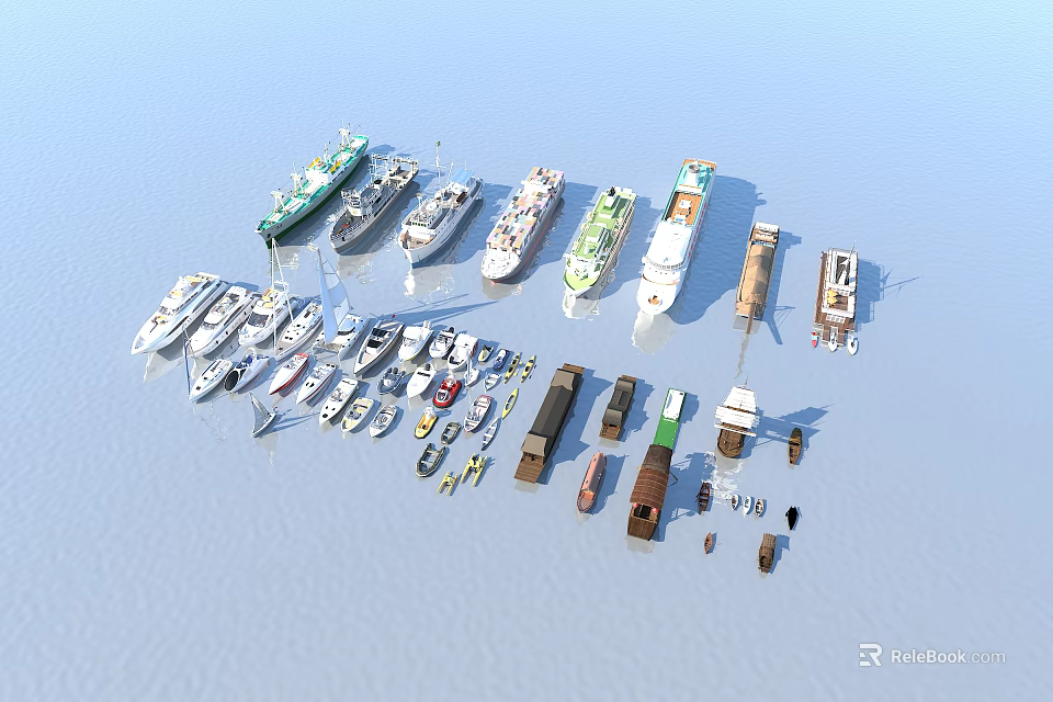 Various Types of Ships and Boat Models in Different Sizes Arranged on Light Blue Background 3d model 