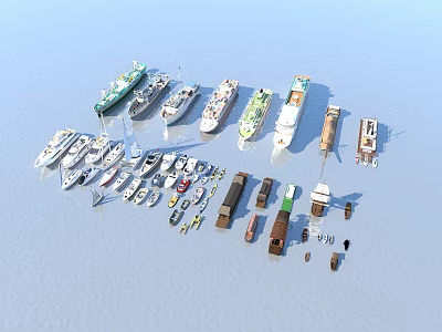 Various Types of Ships and Boat Models in Different Sizes Arranged on Light Blue Background 3d model
