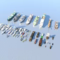 Various Types of Ships and Boat Models in Different Sizes Arranged on Light Blue Background