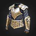 Ornate Golden And Black Medieval Armor With Intricate Shoulder Guards And Arm Plates