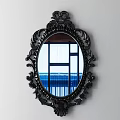 Oval Wall Mounted Mirror With Ornate Black Frame Reflecting Window And Blue Railings