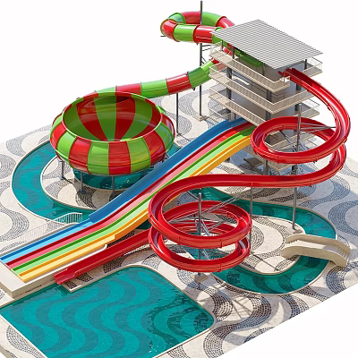 Colorful Water Park Amusement Equipment Featuring Bowl Spiral Straight Slides And Pool 3d model