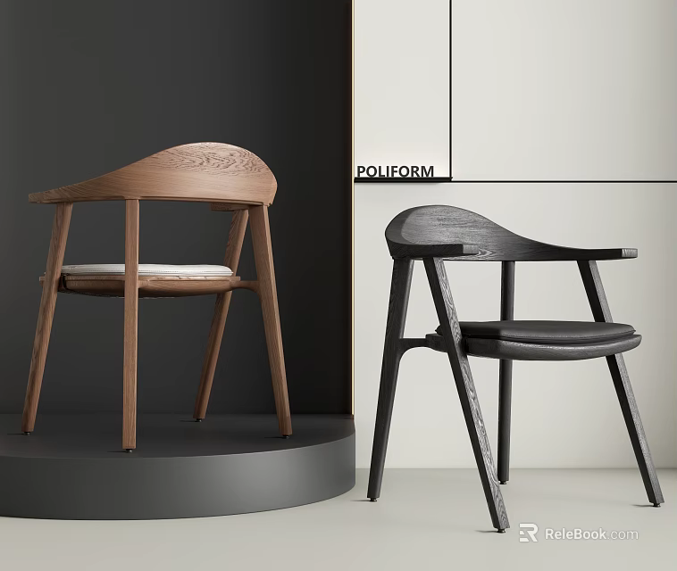 Modern Wooden Dining Chairs With Carved Back And Comfortable Seats In Brown And Black 3d model 