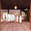 Pink Walls Clothing Store Interior With Wooden Floor Long Table Stools And White Dress Model