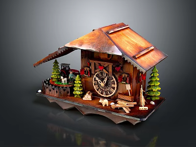 Miniature Wooden Cabin Model With Brown Tiled Roof Wooden Clock Green Trees And Figurines 3d model