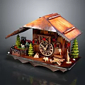 Miniature Wooden Cabin Model With Brown Tiled Roof Wooden Clock Green Trees And Figurines