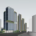 Elegant Modern High Rise Buildings With Glass Curtain Walls And Tree Lined Roads