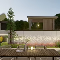 Modern Garden Wall Design In Outdoor Dining Area With Greenery And Purple Trees
