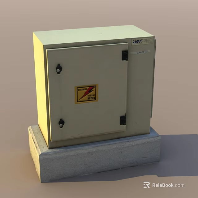 Public Utility Metal Control Box With Lockable Door Warning Label And Concrete Base 3d model 