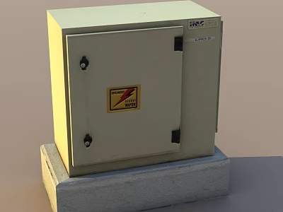 Public Utility Metal Control Box With Lockable Door Warning Label And Concrete Base 3d model