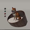 Shiba Inu Dog Sitting In Round Wooden Pet Bed With Colorful Balls Nearby