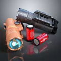 Orange And Black Flashlights With Red Batteries On Dark Surface 3d model